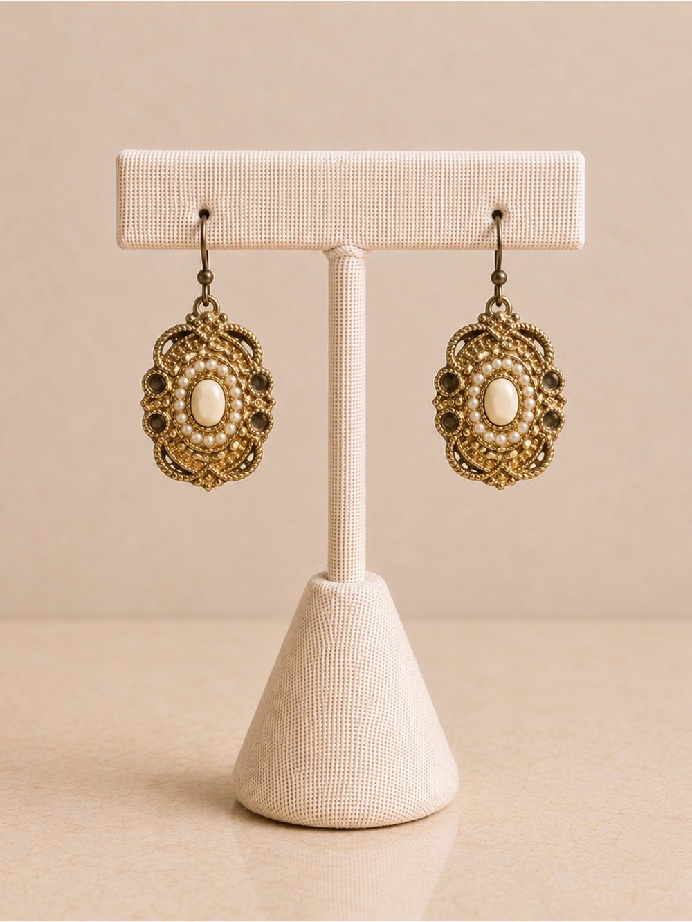 Vintage Gold Tone Faux Pearl & Ivory Cabochon Dangle Earrings Victorian Style